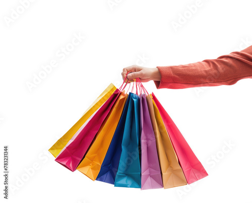 Hands, shopping bags and purchase for fashion, discount or sale on transparent background. Hand of shopper holding bag of gifts, present or luxury retail products on copy space
