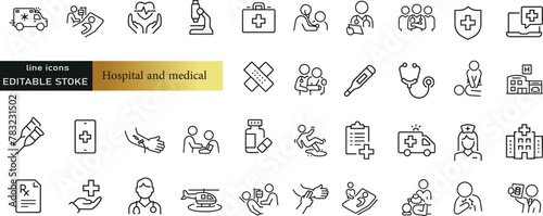 Thin line icons set of hospital and medical care. Outline symbol collection. Editable vector stroke. 64x64 Pixel Perfect.