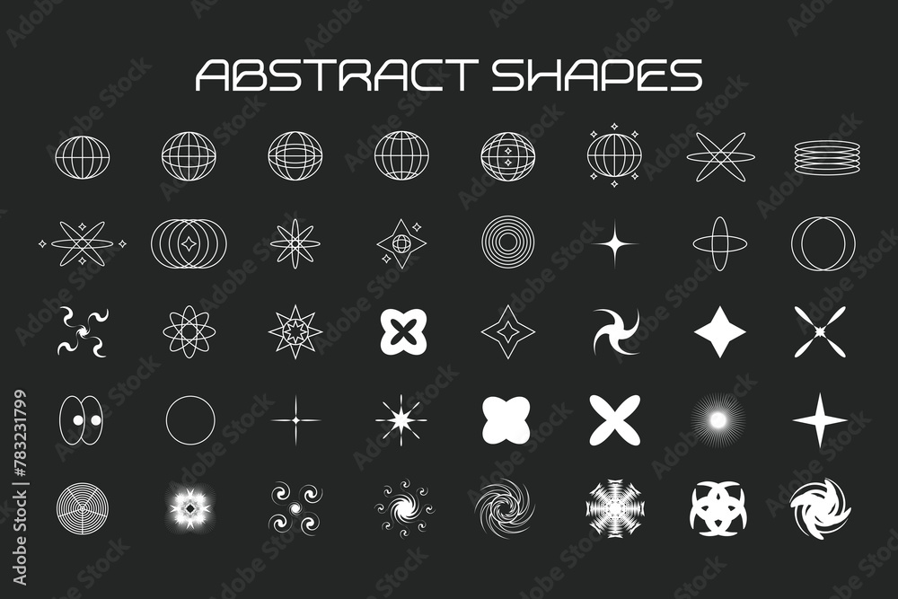Set of abstract, futuristic, retro Y2K elements for design. Vector big collection of abstract graphic geometric elements, symbols and objects Set of abstract, futuristic, retro Y2K elements for design. Vector big collection of abstract graphic geometric elements, symbols and objects