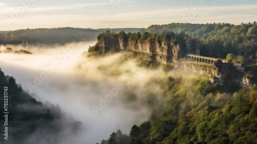 Ancient fort with panoramic view of misty valley