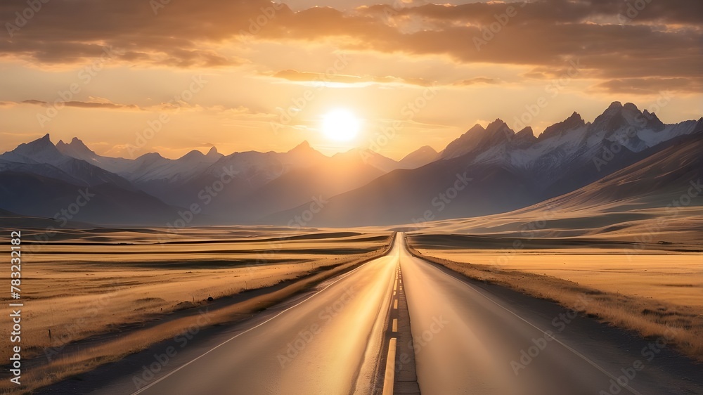 a lengthy road with mountains in the backdrop and the sun sinking far off in the horizon.