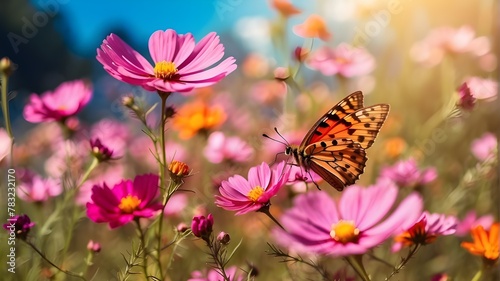 Close-up macro of a field of vibrant cosmos flowers and a butterfly in the summertime sunlight on a meadow in the outdoors. A vibrant, artistic picture with lovely bokeh and a gentle focus