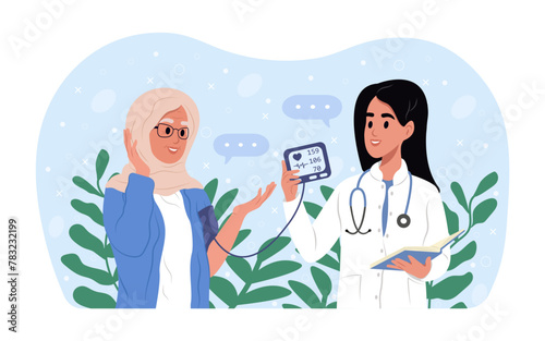 A doctor consults an elderly patient about cardiac diseases. Blood pressure measurement. Hypertensive heart disease. World hypertension day. Medical examination, cardiac examination