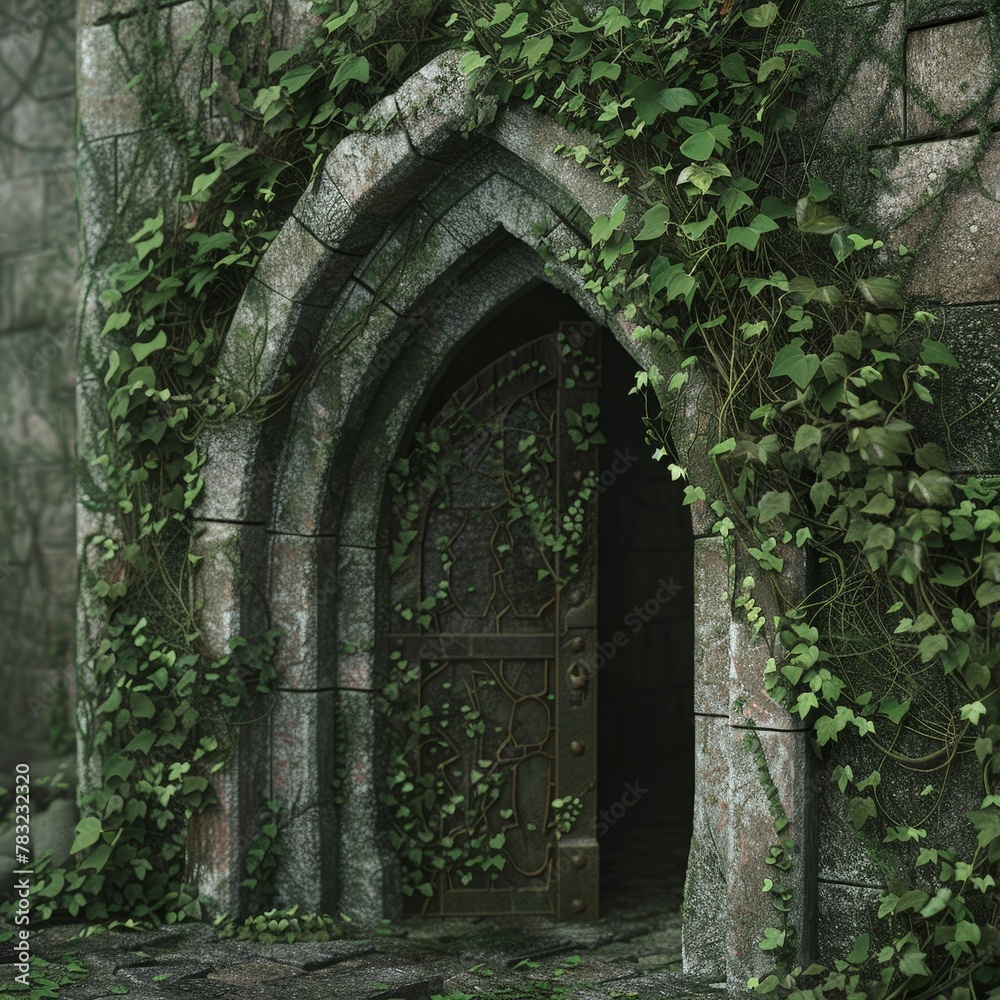 Overgrown Castle Doorway,An ancient castle doorway, adorned with ornate ironwork and engulfed by creeping vines, invites curiosity and hints at the mysteries that lie within its forgotten walls.
