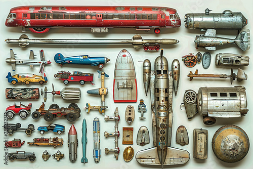 An assortment of classic metal trains arranged neatly, evoking nostalgia and vintage charm. photo