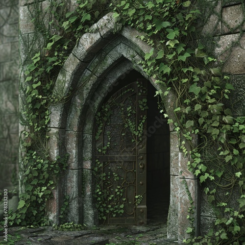 Overgrown Castle Doorway An ancient castle doorway  adorned with ornate ironwork and engulfed by creeping vines  invites curiosity and hints at the mysteries that lie within its forgotten walls.
