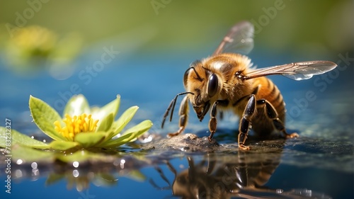 bee on water, macro honeybee,