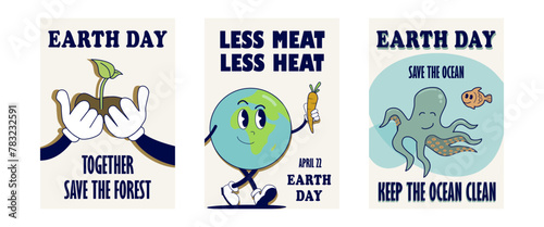 Retro 70 s posters with funny characters of the earth. Cute characters Earth Day concept. Love and save the planet. Vector illustration photo