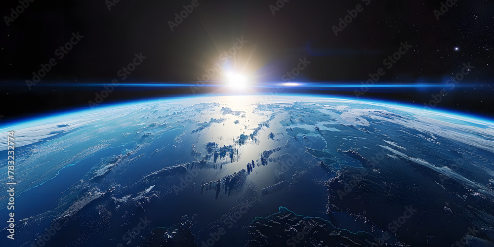 Fototapeta premium wide shot of the earth from space, blue horizon, black sky, bright sun in upper 
