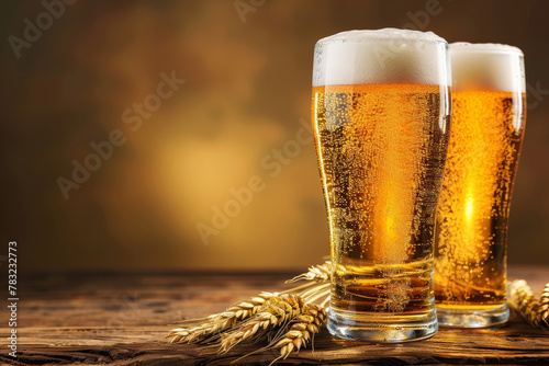 Refreshing Beer Glasses & Wheat on Wooden Surface