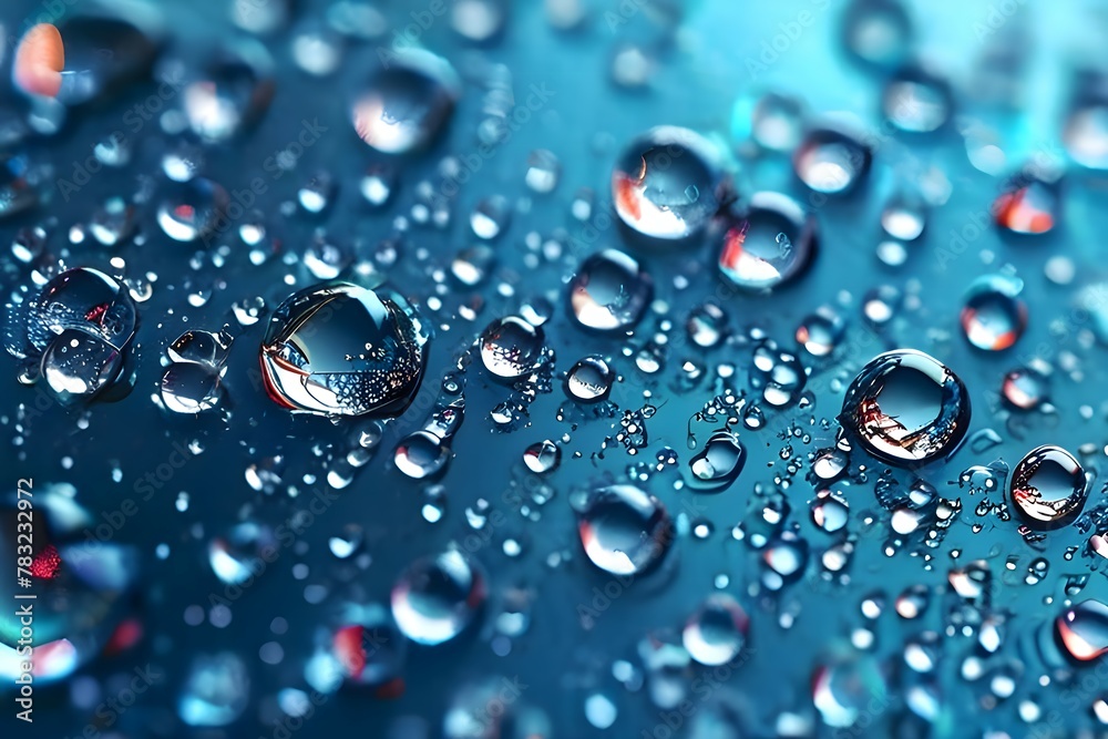 Macro shot of water droplets on blue surface Macro shot of water droplets on blue surface