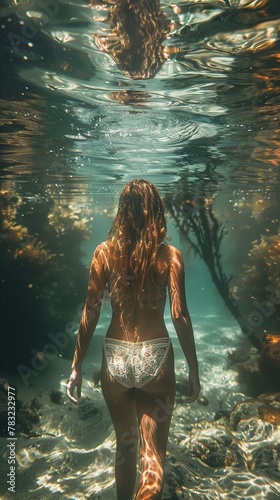 EcoTourism exploring underwater forests through Swimming, ethereal water colors, in soft background