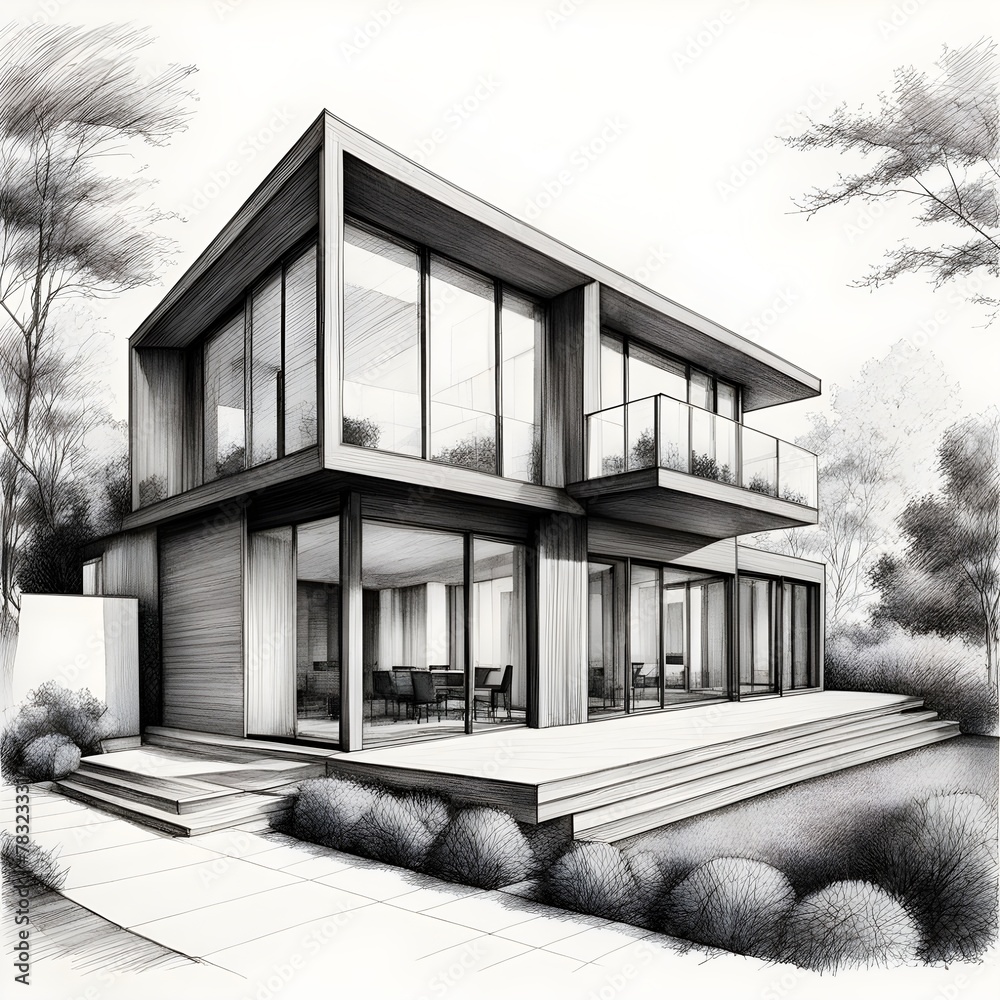 Architecture sketch modern house, hand drawn pencil sketch with dark shades contrasting with white background Architecture sketch modern house, hand drawn pencil sketch with dark shades contrasting with white background