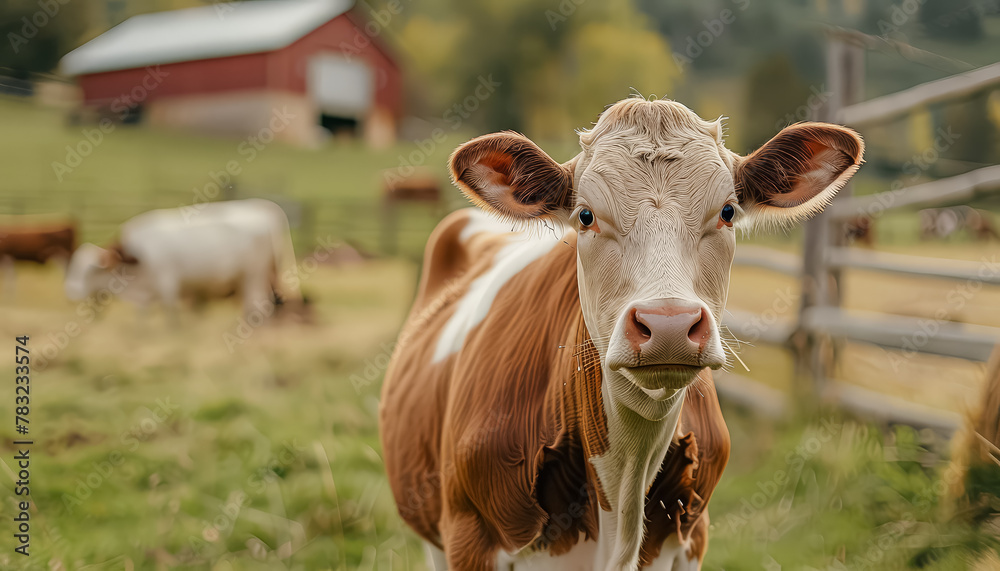 A cow is standing in a field with a red barn in the background A cow is standing in a field with a red barn in the background