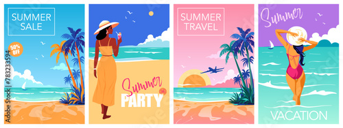 Summer time and Travel concept design. Set of poster with tropical beach