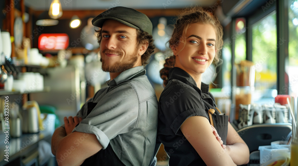 Smiling Team of Baristas in Casual Work Attire Ready to Serve in a Trendy Coffee Shop. Smiling Team of Baristas in Casual Work Attire Ready to Serve in a Trendy Coffee Shop.