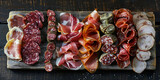 Assorted salami selection on cutting board displayed on wooden table