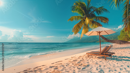 Summer and vacation background - Beach umbrella and chairs, tropical weather in the ocean. Rest and relaxation.