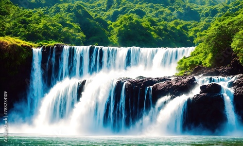 A beautiful waterfall in the middle of a lush green forest. The waterfall is surrounded by tall trees and the sound of