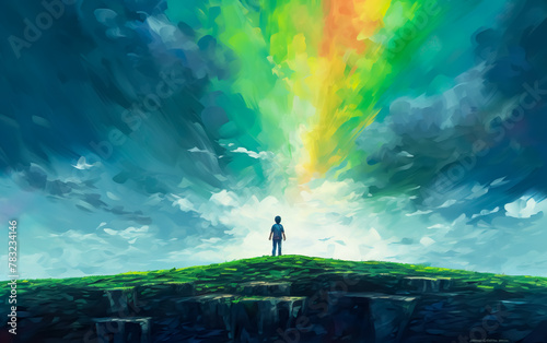 Oil color painting of man person with abstract colorful sky  motivation or imagination background.happy and success goal moments ideas photo