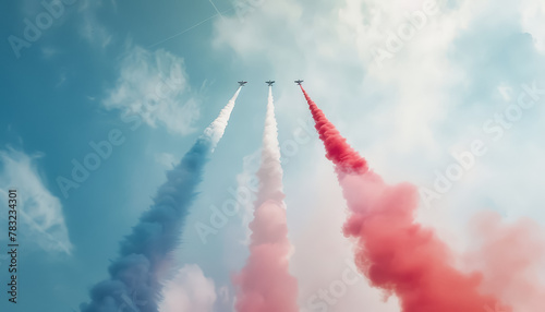 Three fighter jets are flying in the sky, leaving a trail of red, blue