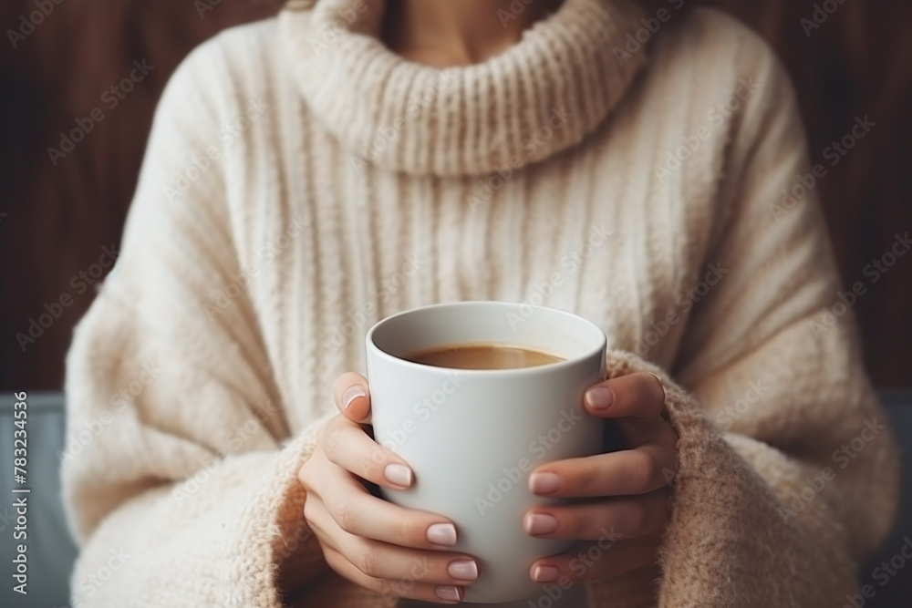 Closeup of woman holding a cup of hot coffee in a cozy house.