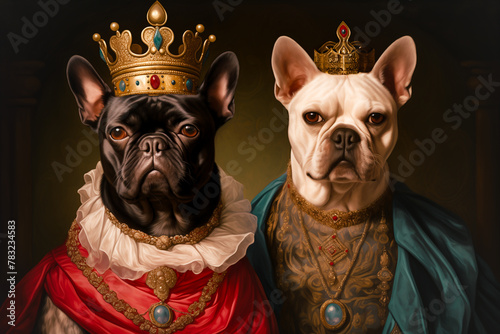 BULLDOG 1500s ironic painting portrait, Renaissance, Dogs couple, Animals, Felines. IN THE ANIMAL KINGDOM! Beautiful 3d portrait of a wonderful cute regal dogs queen and king of the feline's realm.