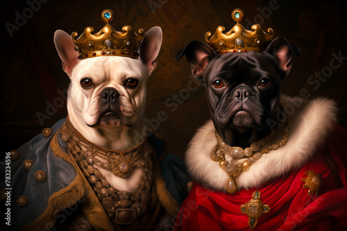 BULLDOG ROYAL SOVEREIGNS, Dog, Medieval, Couple, Portrait, Ironic, Animal, Feline. Beautiful 3d portrait of a beautiful regal dogs queen and king of the feline's kingdom.