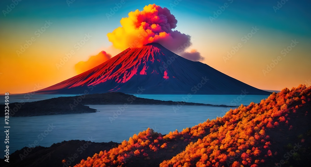 Red Volcano with Lava Flowing