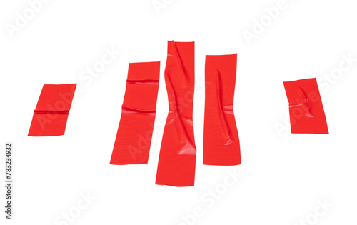 Top view set of wrinkled red adhesive vinyl tape or cloth tape in stripes isolated with clipping path in png file format