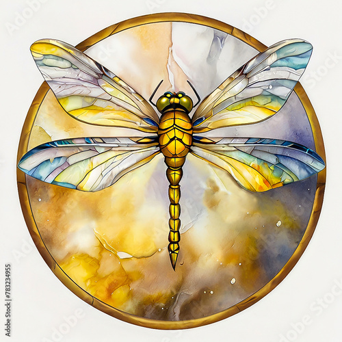 Gold watercolor stained glass window with yellow marbled dragonfly on a white background. 