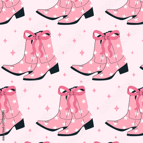 Seamless pattern with coquette pink boots and bows. Gift ribbons in hand drawn and flat styles. Fashionable vector illustration. Coquette core cute design. Girly western in flat vector illustration. 