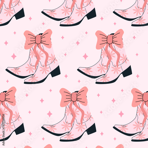 Seamless pattern with coquette pink boots and bows. Gift ribbons in hand drawn and flat styles. Fashionable vector illustration. Coquette core cute design. Girly western in flat vector illustration. 