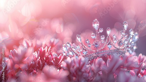 banner background International Beauty Pageant Day theme, and wide copy space, Close-up of a crystal tiara against a soft, blurred background for a dreamy effect, 