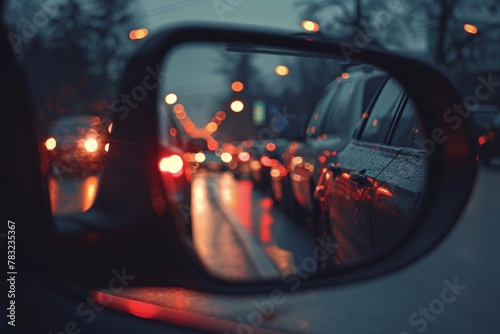 Evening traffic jam with queuing cars and headlights reflecting in rearview mirror