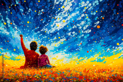 Abstract color splash painting of kid,child and father, at a magical dream world with colorful dot.book cover background, and novel concepts ideas