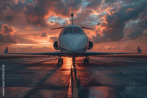 Sleek Jet Awaits Twilight Voyage: Symbol of Opulence. Concept Private Jet, Luxury Travel, Sunset Flight, Opulent Lifestyle, High-End Aviation photo