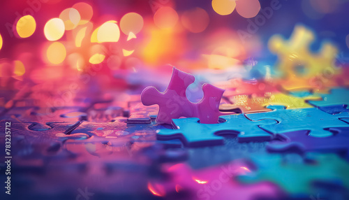 A colorful jigsaw puzzle with a blue piece missing photo