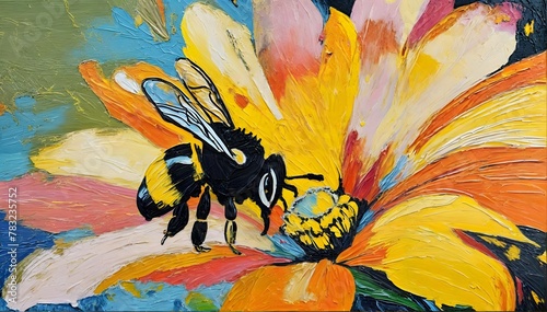 oil painting of a bee collecting pollen on a vibrant flower photo