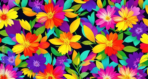 A colorful floral pattern on a black background.