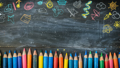 A blackboard with a colorful border and a variety of items including pencils
