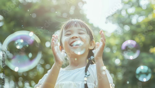 A young girl is playing with bubbles in a park