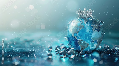 banner background International Beauty Pageant Day theme, and wide copy space, Minimalist globe with tiaras scattered around, symbolizing global beauty, 
