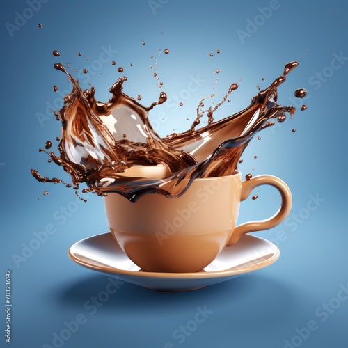 A clay coffee cup with a dynamic splash, symbolizing the energy in business environments, on a smooth, reflective surface, 3D illustration