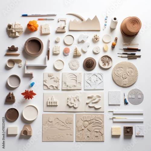 A clay artist's studio with miniature clay designs of business logos, representing branding and identity, on white background