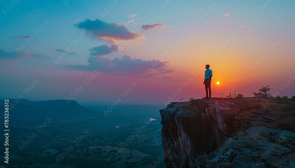 A man stands on a cliff overlooking a city at sunset