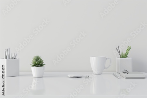 Minimalist white desk with potted plant, coffee cup, and office supplies for home office