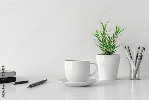 Minimalist white desk with potted plant, coffee cup, and neatly arranged office supplies
