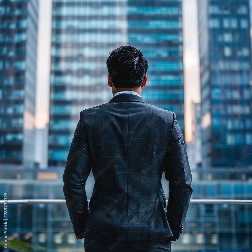 Businessman in suit with modern office buildings for stock investment and financial growth Businessman in suit with modern office buildings for stock investment and financial growth