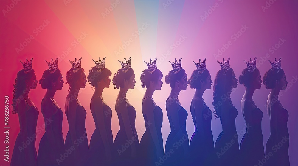 banner background International Beauty Pageant Day theme, and wide copy space, Silhouettes of diverse women wearing crowns against a gradient background,